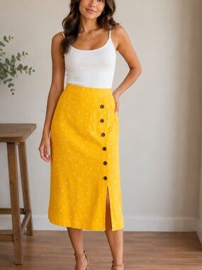 BP. Yellow Floral Midi Skirt Button Front Size S